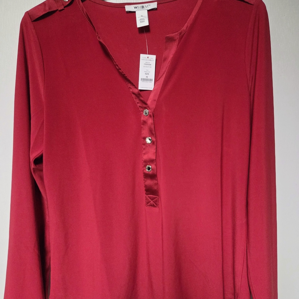 White House Black Market Red Satin-Trim Blouse NWT Size Medium
